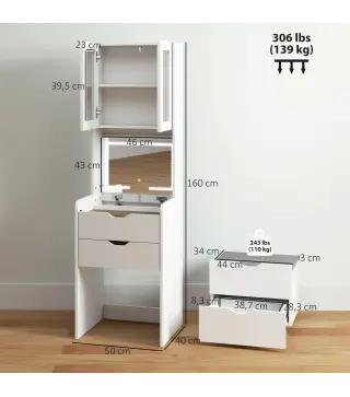 Tocador de Maquillaje con luces LED de 3 Colores Espejo Abatible y Taburete Acolchado 3 Cajones y Estantes Blanco