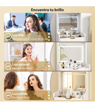 Tocador de Maquillaje con luces LED de 3 Colores Espejo Abatible y Taburete Acolchado 3 Cajones y Estantes Blanco