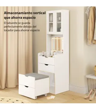 Tocador de Maquillaje con luces LED de 3 Colores Espejo Abatible y Taburete Acolchado 3 Cajones y Estantes Blanco