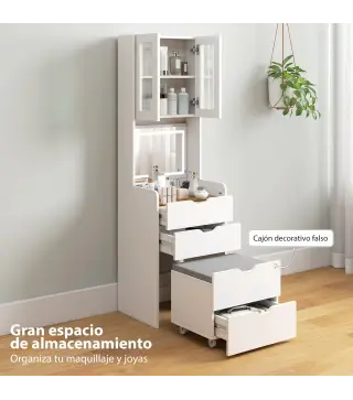 Tocador de Maquillaje con luces LED de 3 Colores Espejo Abatible y Taburete Acolchado 3 Cajones y Estantes Blanco