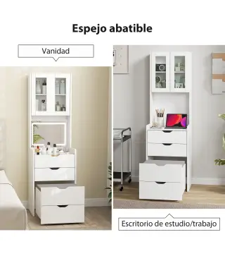 Tocador de Maquillaje con luces LED de 3 Colores Espejo Abatible y Taburete Acolchado 3 Cajones y Estantes Blanco