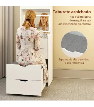 Tocador de Maquillaje con luces LED de 3 Colores Espejo Abatible y Taburete Acolchado 3 Cajones y Estantes Blanco