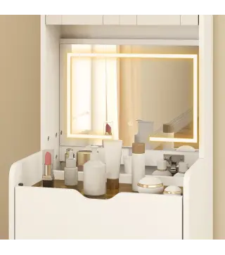 Tocador de Maquillaje con luces LED de 3 Colores Espejo Abatible y Taburete Acolchado 3 Cajones y Estantes Blanco