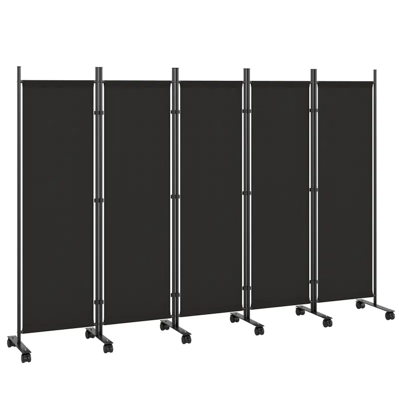 Biombo Plegable de 5 Paneles con 12 Ruedas 252x170 cm Biombo Separador de Ambientes Montaje Personalizado Negro