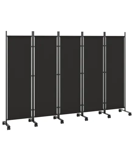Biombo Plegable de 5 Paneles con 12 Ruedas 252x170 cm Biombo Separador de Ambientes Montaje Personalizado Negro