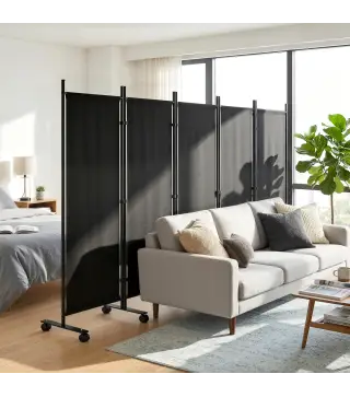 Biombo Plegable de 5 Paneles con 12 Ruedas 252x170 cm Biombo Separador de Ambientes Montaje Personalizado Negro