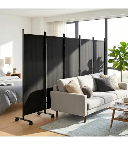 Biombo Plegable de 5 Paneles con 12 Ruedas 252x170 cm Biombo Separador de Ambientes Montaje Personalizado Negro