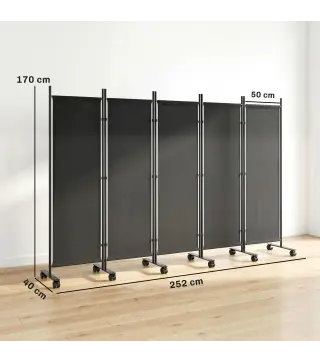 Biombo Plegable de 5 Paneles con 12 Ruedas 252x170 cm Biombo Separador de Ambientes Montaje Personalizado Negro