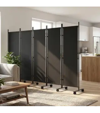 Biombo Plegable de 5 Paneles con 12 Ruedas 252x170 cm Biombo Separador de Ambientes Montaje Personalizado Negro