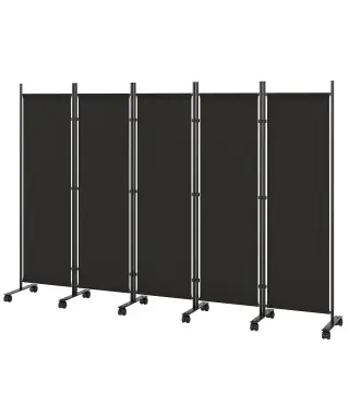 Biombo Plegable de 5 Paneles con 12 Ruedas 252x170 cm Biombo Separador de Ambientes Montaje Personalizado Negro