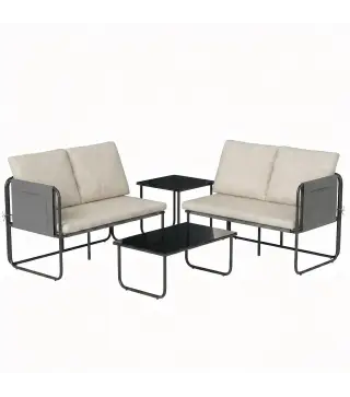 Conjunto Jardín Exterior de 4 Piezas con 2 Sofás 2 Plazas 2 Mesas de Vidrio Cojines Fundas Extraíbles y Bolsillos Caqui