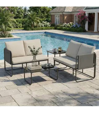 Conjunto Jardín Exterior de 4 Piezas con 2 Sofás 2 Plazas 2 Mesas de Vidrio Cojines Fundas Extraíbles y Bolsillos Caqui