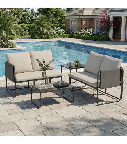 Conjunto Jardín Exterior de 4 Piezas con 2 Sofás 2 Plazas 2 Mesas de Vidrio Cojines Fundas Extraíbles y Bolsillos Caqui