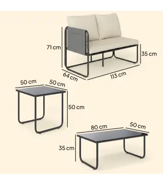 Conjunto Jardín Exterior de 4 Piezas con 2 Sofás 2 Plazas 2 Mesas de Vidrio Cojines Fundas Extraíbles y Bolsillos Caqui
