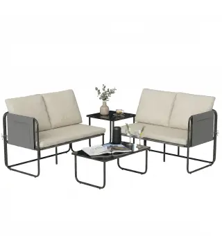 Conjunto Jardín Exterior de 4 Piezas con 2 Sofás 2 Plazas 2 Mesas de Vidrio Cojines Fundas Extraíbles y Bolsillos Caqui