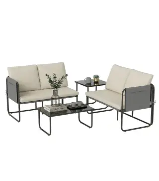 Conjunto Jardín Exterior de 4 Piezas con 2 Sofás 2 Plazas 2 Mesas de Vidrio Cojines Fundas Extraíbles y Bolsillos Caqui