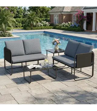 Conjunto Jardín Exterior de 4 Piezas con 2 Sofás 2 Plazas 2 Mesas de Vidrio Cojines Fundas Extraíbles y Bolsillos Gris