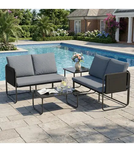 Conjunto Jardín Exterior de 4 Piezas con 2 Sofás 2 Plazas 2 Mesas de Vidrio Cojines Fundas Extraíbles y Bolsillos Gris
