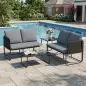 Conjunto Jardín Exterior de 4 Piezas con 2 Sofás 2 Plazas 2 Mesas de Vidrio Cojines Fundas Extraíbles y Bolsillos Gris