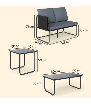 Conjunto Jardín Exterior de 4 Piezas con 2 Sofás 2 Plazas 2 Mesas de Vidrio Cojines Fundas Extraíbles y Bolsillos Gris