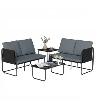 Conjunto Jardín Exterior de 4 Piezas con 2 Sofás 2 Plazas 2 Mesas de Vidrio Cojines Fundas Extraíbles y Bolsillos Gris