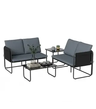 Conjunto Jardín Exterior de 4 Piezas con 2 Sofás 2 Plazas 2 Mesas de Vidrio Cojines Fundas Extraíbles y Bolsillos Gris