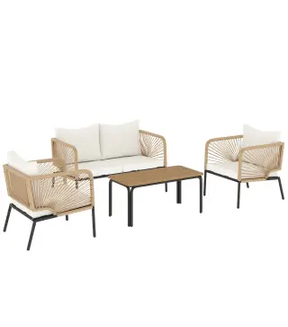 Conjunto Jardín Exterior de 4 Piezas con Sofá 2 Sillones y Mesa WPC Ratán PE Tipo Cuerda Cojines Acolchados Blanco