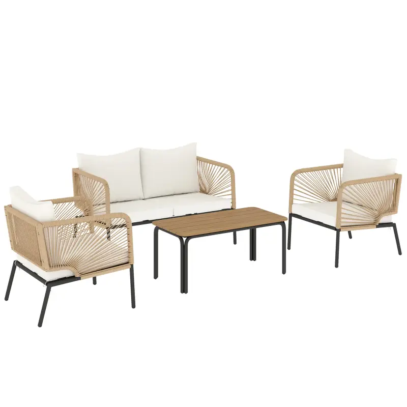Conjunto Jardín Exterior de 4 Piezas con Sofá 2 Sillones y Mesa WPC Ratán PE Tipo Cuerda Cojines Acolchados Blanco