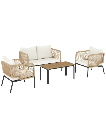 Conjunto Jardín Exterior de 4 Piezas con Sofá 2 Sillones y Mesa WPC Ratán PE Tipo Cuerda Cojines Acolchados Blanco