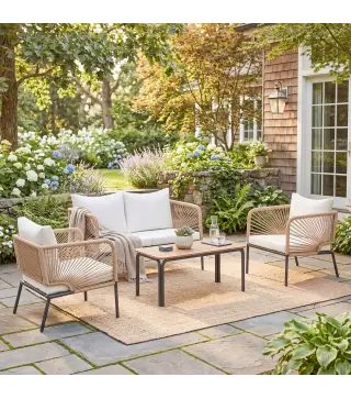 Conjunto Jardín Exterior de 4 Piezas con Sofá 2 Sillones y Mesa WPC Ratán PE Tipo Cuerda Cojines Acolchados Blanco