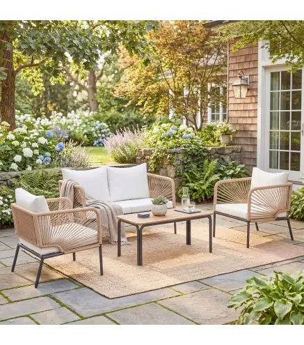 Conjunto Jardín Exterior de 4 Piezas con Sofá 2 Sillones y Mesa WPC Ratán PE Tipo Cuerda Cojines Acolchados Blanco