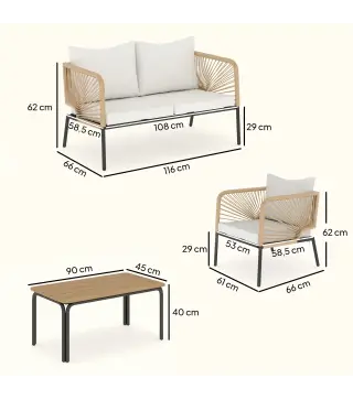 Conjunto Jardín Exterior de 4 Piezas con Sofá 2 Sillones y Mesa WPC Ratán PE Tipo Cuerda Cojines Acolchados Blanco