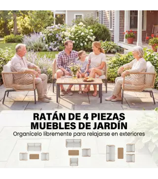 Conjunto Jardín Exterior de 4 Piezas con Sofá 2 Sillones y Mesa WPC Ratán PE Tipo Cuerda Cojines Acolchados Blanco