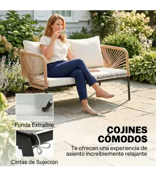 Conjunto Jardín Exterior de 4 Piezas con Sofá 2 Sillones y Mesa WPC Ratán PE Tipo Cuerda Cojines Acolchados Blanco