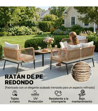 Conjunto Jardín Exterior de 4 Piezas con Sofá 2 Sillones y Mesa WPC Ratán PE Tipo Cuerda Cojines Acolchados Blanco