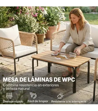 Conjunto Jardín Exterior de 4 Piezas con Sofá 2 Sillones y Mesa WPC Ratán PE Tipo Cuerda Cojines Acolchados Blanco