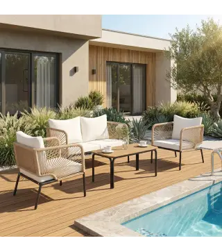 Conjunto Jardín Exterior de 4 Piezas con Sofá 2 Sillones y Mesa WPC Ratán PE Tipo Cuerda Cojines Acolchados Blanco