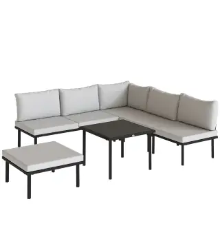 Conjunto de Jardín Exterior de 6 Piezas con Sofá 2 Plazas Módulo de Esquina 2 Sillones Reposapiés Mesa de Vidrio Gris