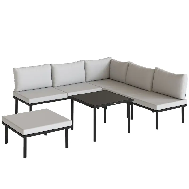 Conjunto de Jardín Exterior de 6 Piezas con Sofá 2 Plazas Módulo de Esquina 2 Sillones Reposapiés Mesa de Vidrio Gris
