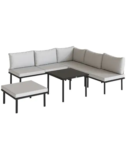 Conjunto de Jardín Exterior de 6 Piezas con Sofá 2 Plazas Módulo de Esquina 2 Sillones Reposapiés Mesa de Vidrio Gris