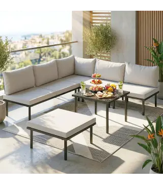 Conjunto de Jardín Exterior de 6 Piezas con Sofá 2 Plazas Módulo de Esquina 2 Sillones Reposapiés Mesa de Vidrio Gris