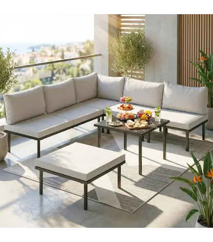 Conjunto de Jardín Exterior de 6 Piezas con Sofá 2 Plazas Módulo de Esquina 2 Sillones Reposapiés Mesa de Vidrio Gris