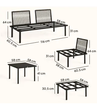 Conjunto de Jardín Exterior de 6 Piezas con Sofá 2 Plazas Módulo de Esquina 2 Sillones Reposapiés Mesa de Vidrio Gris
