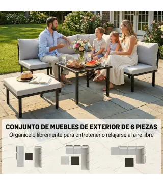 Conjunto de Jardín Exterior de 6 Piezas con Sofá 2 Plazas Módulo de Esquina 2 Sillones Reposapiés Mesa de Vidrio Gris