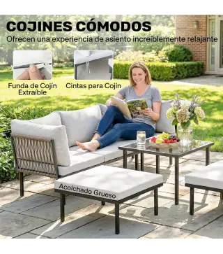 Conjunto de Jardín Exterior de 6 Piezas con Sofá 2 Plazas Módulo de Esquina 2 Sillones Reposapiés Mesa de Vidrio Gris