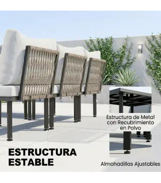 Conjunto de Jardín Exterior de 6 Piezas con Sofá 2 Plazas Módulo de Esquina 2 Sillones Reposapiés Mesa de Vidrio Gris