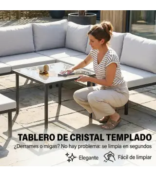 Conjunto de Jardín Exterior de 6 Piezas con Sofá 2 Plazas Módulo de Esquina 2 Sillones Reposapiés Mesa de Vidrio Gris