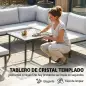 Conjunto de Jardín Exterior de 6 Piezas con Sofá 2 Plazas Módulo de Esquina 2 Sillones Reposapiés Mesa de Vidrio Gris