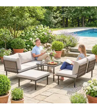 Conjunto de Jardín Exterior de 6 Piezas con Sofá 2 Plazas Módulo de Esquina 2 Sillones Reposapiés Mesa de Vidrio Gris