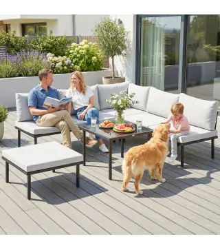 Conjunto de Jardín Exterior de 6 Piezas con Sofá 2 Plazas Módulo de Esquina 2 Sillones Reposapiés Mesa de Vidrio Gris